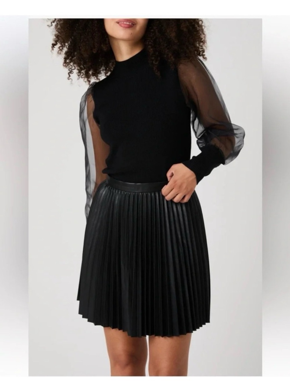 French Connection Black Ribbed Sweater with Sheer Puff Sleeves